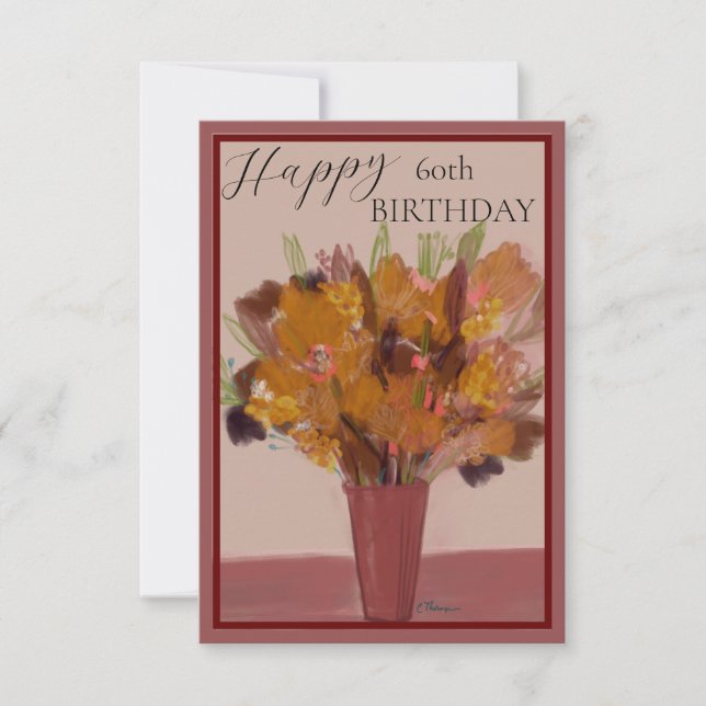 Carte Joyeux 60e anniversaire rouille et or bouquet flor (Devant)