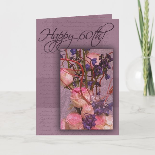 Carte Joyeux 60ème anniversaire en rose et violet (Devant)