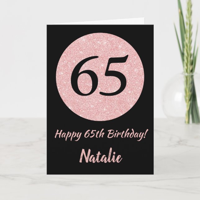 Carte Joyeux 65e anniversaire Noir et Rose Or rose (Devant)