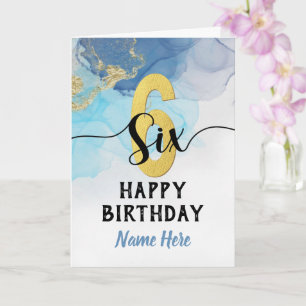 Carte Joyeux 6e anniversaire aquarelle Bleu & or Garçon
