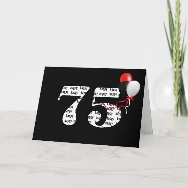 Carte Joyeux 75e anniversaire en noir avec ballons (Devant)