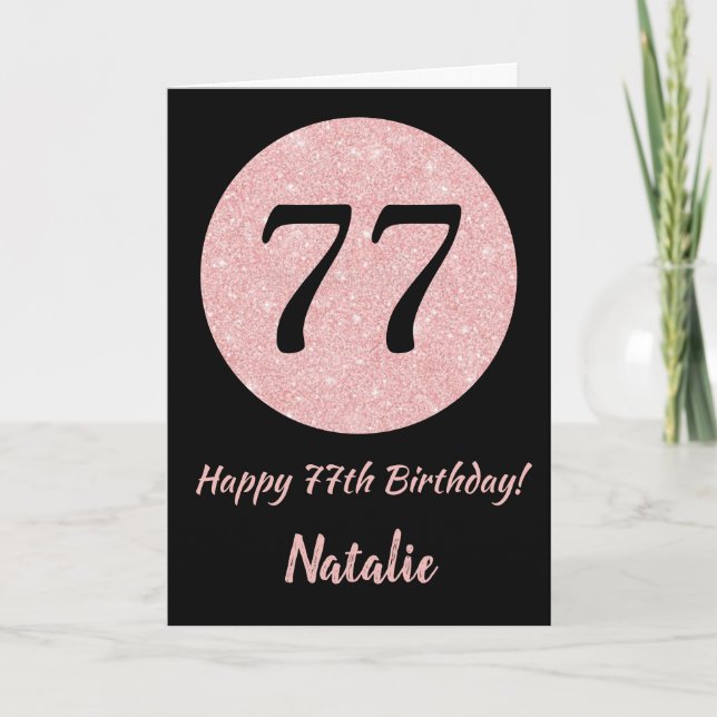 Carte Joyeux 77e anniversaire Noir et Rose Or rose (Devant)