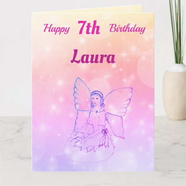 Carte Joyeux 7ème Anniversaire Fée Félicitations Filles (Devant)