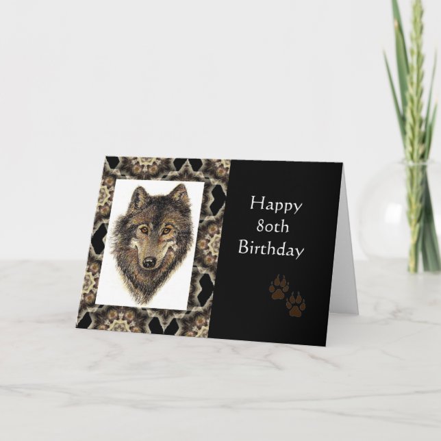 Carte Joyeux 80e anniversaire avec Wolf aquarelle (Devant)
