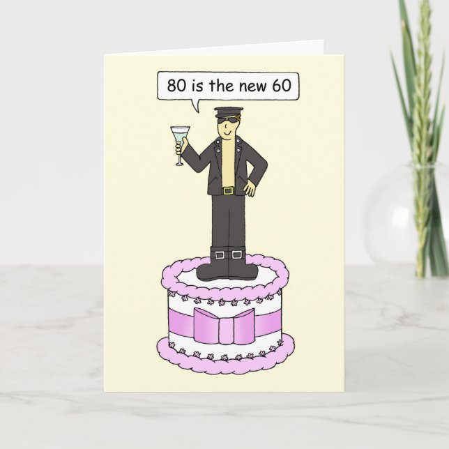 Carte Joyeux 80e anniversaire Cartoon Man on a Cake (Devant)
