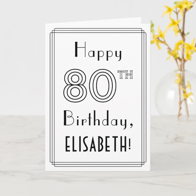 Carte Joyeux 80e Anniversaire, Style Art Déco avec Nom P (Fleur jaune)