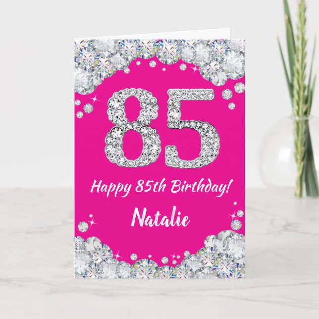 Carte Joyeux 85e anniversaire Hot rose et Parties scinti (Devant)