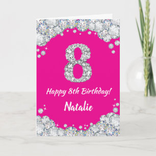 Carte Joyeux 8e anniversaire Hot rose et Parties scintil