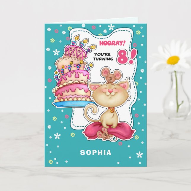 Carte Joyeux 8e anniversaire. Nom personnalisé Fun Kitty (Petite plante)