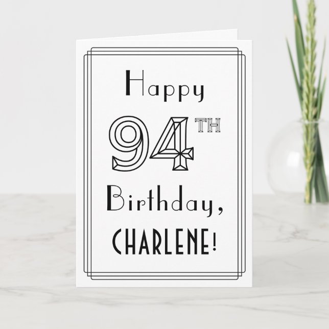 Carte Joyeux 94ème anniversaire, style Art Déco avec nom (Devant)