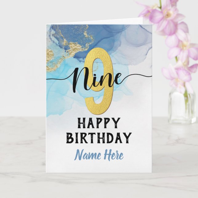 Carte Joyeux 9 Anniversaire Aquarelle Bleu & or Garçon (Orchidée)