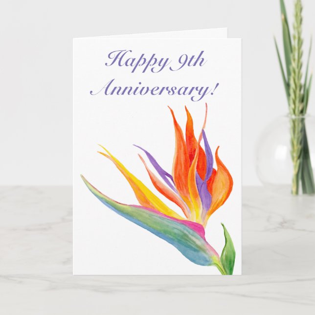 Carte Joyeux 9e Anniversaire Aquarelle Oiseau du Paradis (Devant)