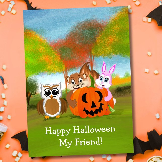 Carte Joyeux ami d'Halloween Chipmunk, Rabbit & Owl (Créateur téléchargé)