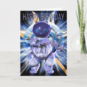 Carte Joyeux anniversaire 12ème, chat de robot, techno