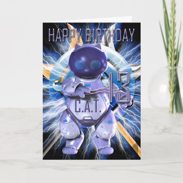 Carte Joyeux anniversaire 13ème, chat de robot, techno (Devant)