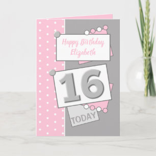 Carte Joyeux anniversaire 16 aujourd'hui gris et rose