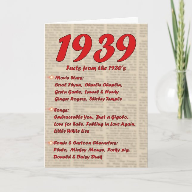 Carte Joyeux anniversaire 1939 Nouvelles de l'année de n (Devant)