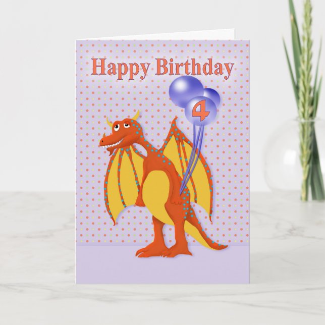 Carte Joyeux Anniversaire 4 avec un mignon Dragon (Devant)