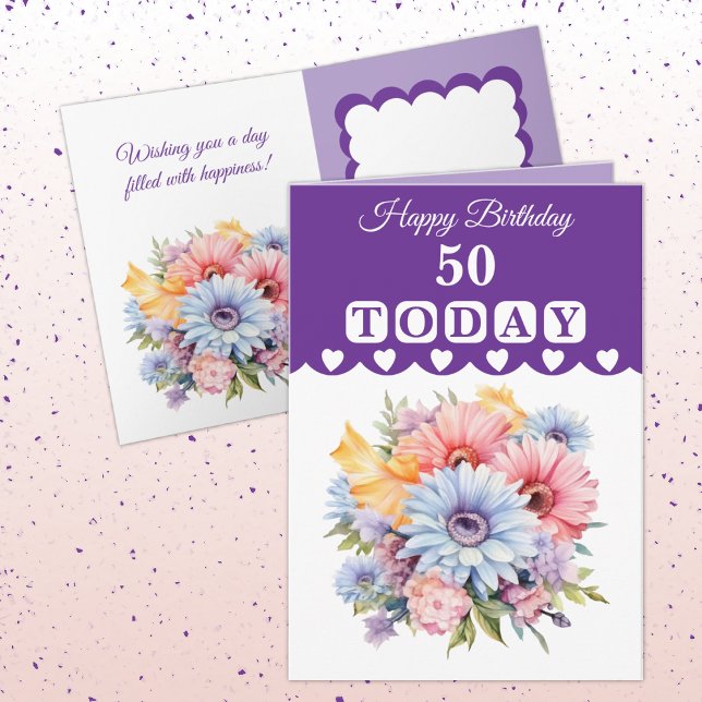 Carte Joyeux anniversaire 50 aujourd'hui fleurs violet (Créateur téléchargé)