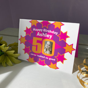 Carte Joyeux anniversaire 50 étoiles rose nom personnali