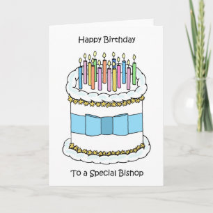 Carte Joyeux anniversaire à l'évêque gâteau et bougies