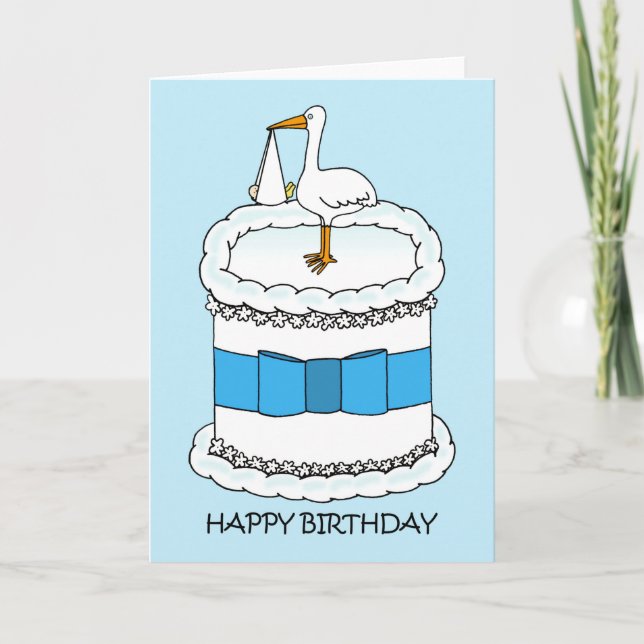 Carte Joyeux anniversaire à nouveau parent cigogne et gâ (Devant)