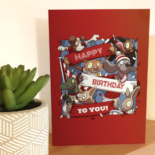 Carte Joyeux Anniversaire À Vous Fête Animaux Rouge & Bl