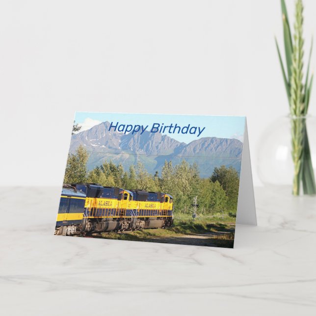 Carte Joyeux anniversaire : Alaska Railroad et montagnes (Devant)
