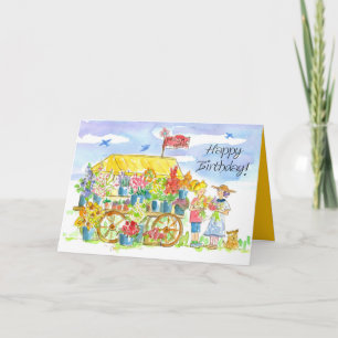 Carte Joyeux Anniversaire amis Panier à fleurs Chien chi