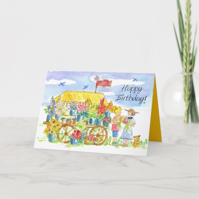 Carte Joyeux Anniversaire amis Panier à fleurs Chien chi (Devant)