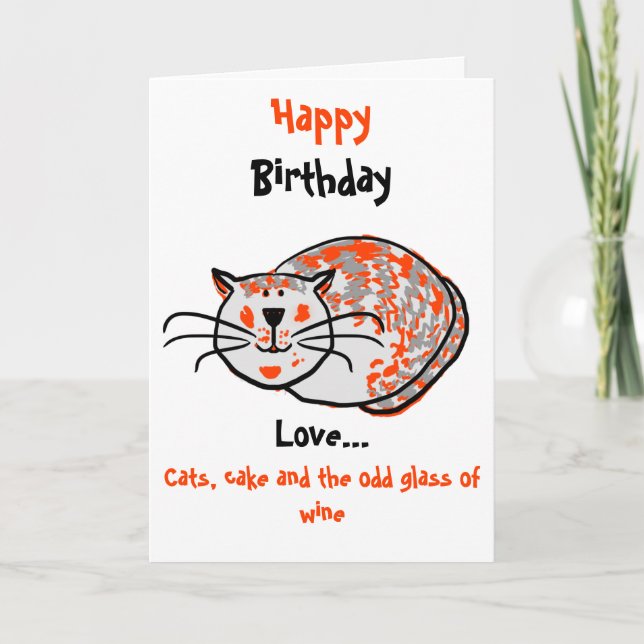 Carte Joyeux anniversaire amour chats, gâteau & vin (Devant)