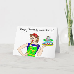 Carte Joyeux Anniversaire Amoureux Retro Lady Holding Gâ