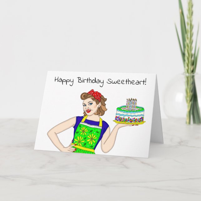 Carte Joyeux Anniversaire Amoureux Retro Lady Holding Gâ (Devant)