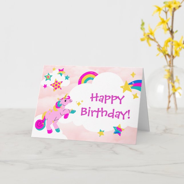 Carte Joyeux Anniversaire Amusant Unicorn Et Rainbow Ros (Fleur jaune)
