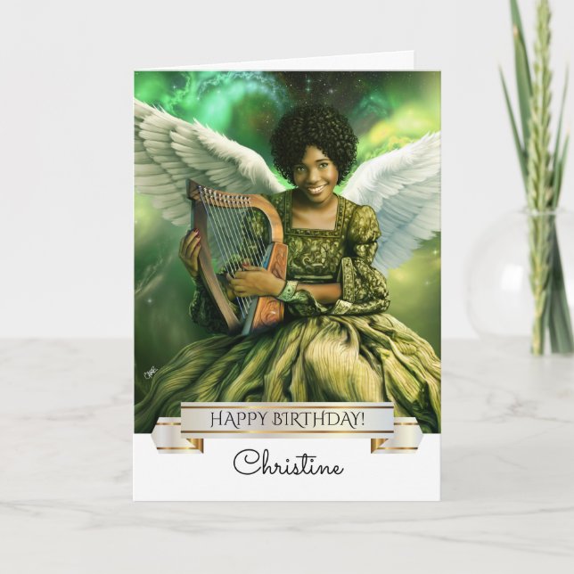 Carte Joyeux anniversaire. Angel avec Harpe, Nom personn (Devant)