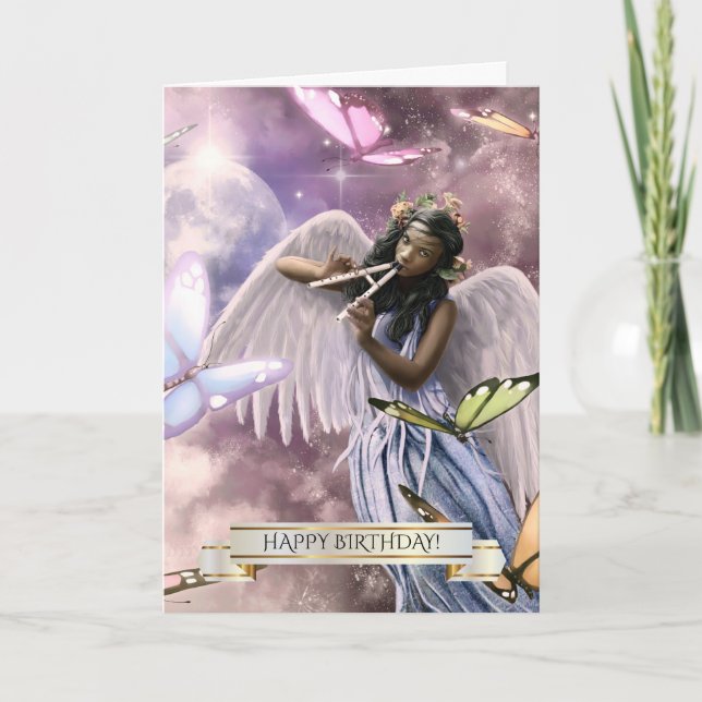 Carte Joyeux anniversaire. Angel avec papillons (Devant)
