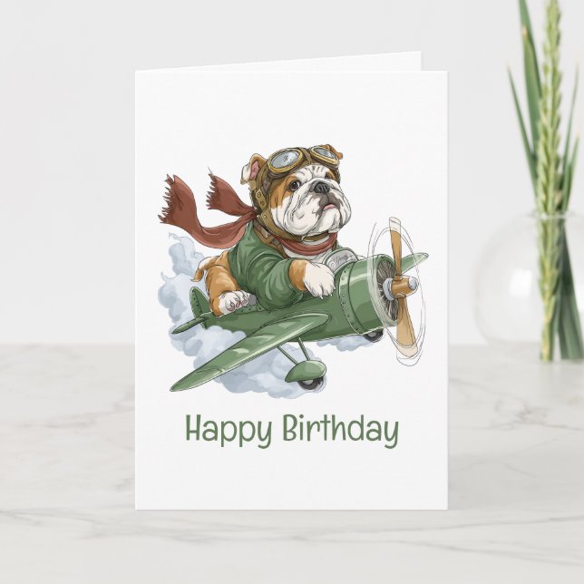 Carte Joyeux anniversaire anglais Bulldog avion-pilote (Devant)