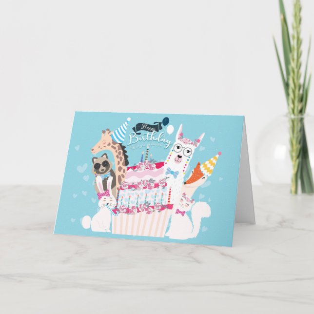 Carte Joyeux Anniversaire Animaux et Gâteau (Devant)