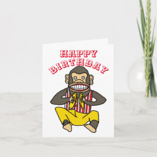 Carte Joyeux anniversaire, applaudissant le jouet singe.