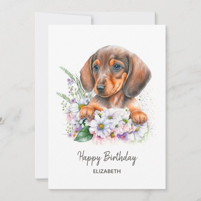 Carte Joyeux anniversaire | Aquarelle Dachshund et Flora (Devant)