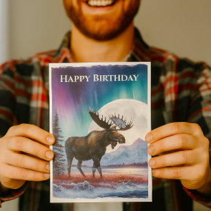 Carte Joyeux Anniversaire Aurores Boréales Élan Alaska