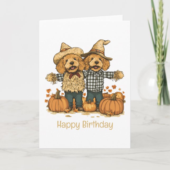 Carte Joyeux Anniversaire Automne Moisson Goldendoodle C (Devant)
