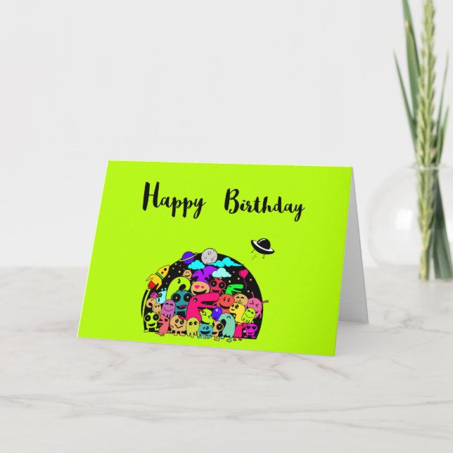 Carte Joyeux anniversaire avec de mignons Aliens spatiau (Devant)