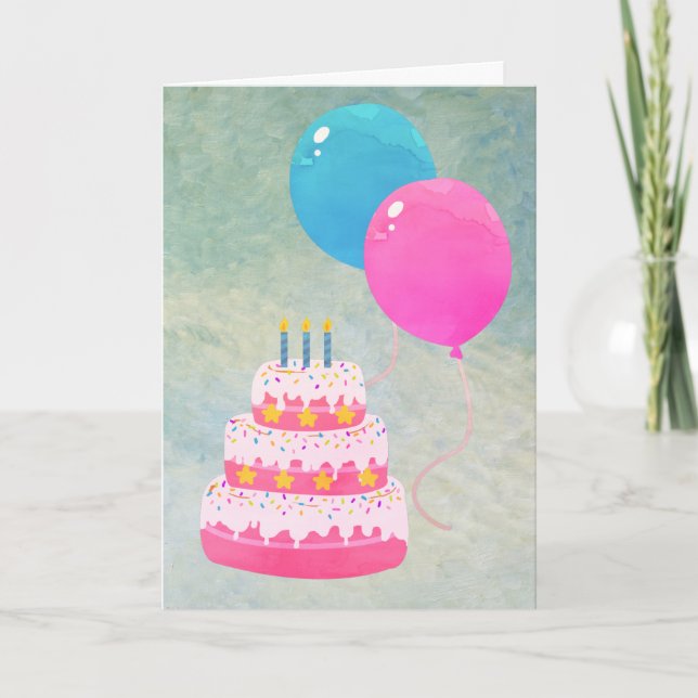 Carte Joyeux anniversaire avec gâteau, cadeaux, ballons  (Devant)