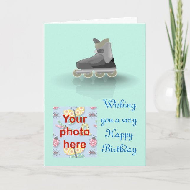 Carte Joyeux anniversaire avec patinage sur patins à rou (Devant)