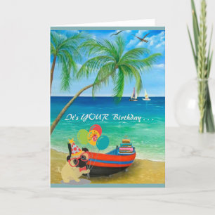 Carte Joyeux anniversaire avec sable et palmiers