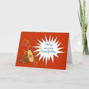 Carte Joyeux anniversaire avec trompette et serpentins