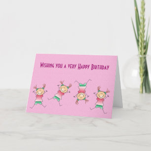 Carte Joyeux anniversaire avec une fille faisant main