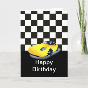 Carte Joyeux anniversaire avec voiture de course jaune
