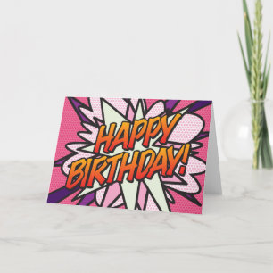 Carte JOYEUX ANNIVERSAIRE Bande Dessinée Pop Art Rose